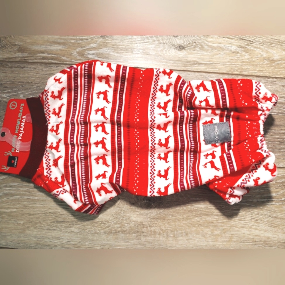 Red and White Dog Outfit Pajamas with Reindeer Pattern Size 2